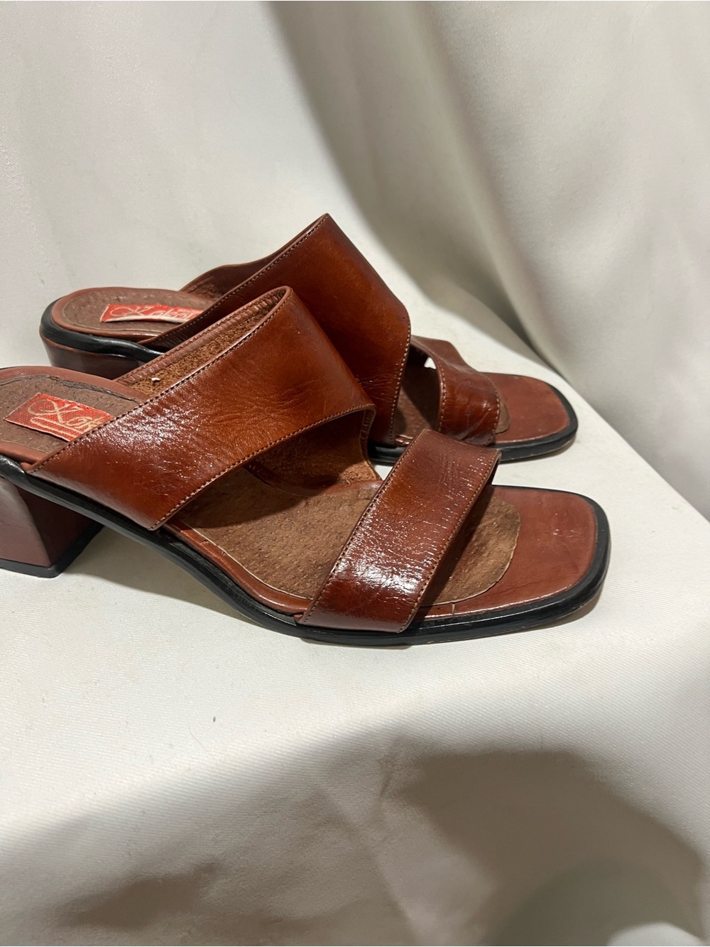 Women’s Brown Leather Slide Block Heel Woman’s Size 40 Square Toe - Picture 2 of 8